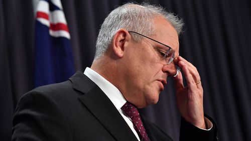 An emotional Prime Minister Scott Morrison during his press conference today.