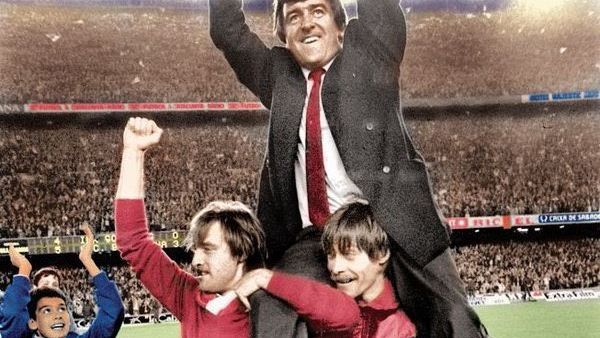 A young Pep Guardiola (left) applauds Barcelona manager Terry Venables.