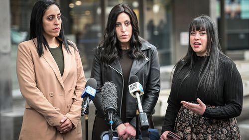 Malka Leifer plea and victims impact statements. L-R Sisters, Elly Sapper, Nicole Myer and Dassi Elrich speaking to the press after the hearing.