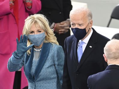 President-elect Joe Biden and his wife Jill Biden arrive for the 59th Presidential Inauguration at the U.S. Capitol for Biden in Washington, Wednesday, Jan. 20, 2021. (Saul Loeb/Pool Photo via AP)