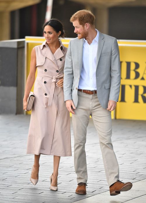 Meghan wore a blush pink trench dress by Canadian fashion label Nonie. Image: PA