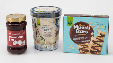 Woolworths house brand products: strawberry jam, vanilla bean ice-cream, muesli bars