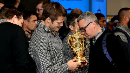 Skipper Richie McCaw with the William Webb Ellis trophy in Auckland today. (Getty)