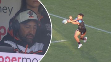Benji Marshall was furious after Luke Laulilii stone cold dropped this pass moments after the Tigers hit the lead against the Rabbitohs.