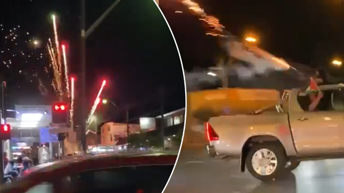 Police are investigating a video circulating of fireworks being fired from a dual cab ute in Sydney's south west in an apparent show of support for the Palestinian cause.
