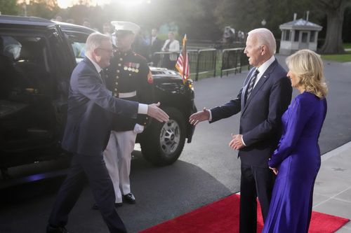President Joe Biden and first lady Jill Biden welcome Australia's Prime Minister Anthony Albanese and his partner Jodie Haydon to the White House Tuesday, Oct. 24, 2023.
