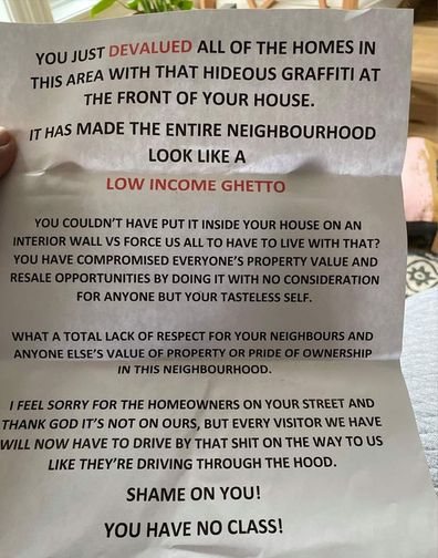 A woman's painted garage resulted in a nasty letter from an angry neighbour