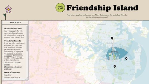 Three Sydney mates have created Friendship Island, an interactive map to see where their 5km radius meets.