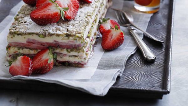 Strawberry, yoghurt and pistachio layer cake