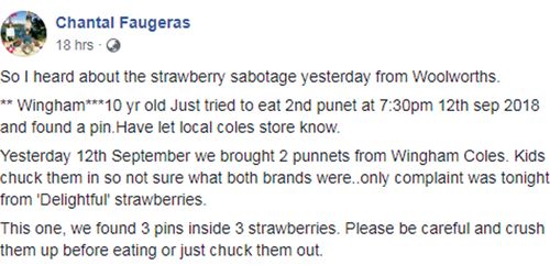 In the post Ms Faugeras says her 10-year-old discovered a pin embedded in a strawberry while eating a punnet they had bought from the Coles at Wingham. "We found 3 pins inside 3 strawberries," Ms Faugeras wrote.