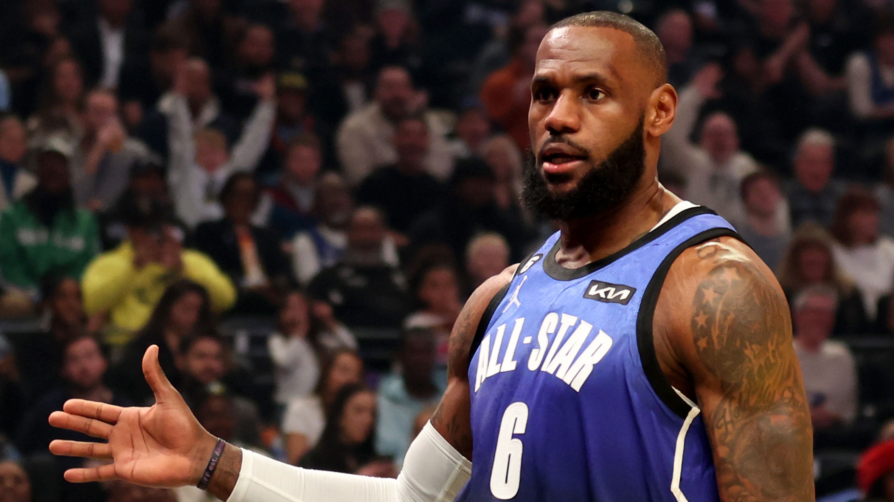 SALT LAKE CITY, UTAH - FEBRUARY 19: LeBron James #6 of the Los Angeles Lakers reacts during the first quarter o the 2023 NBA All Star Game between Team Giannis and Team LeBron at Vivint Arena on February 19, 2023 in Salt Lake City, Utah. NOTE TO USER: User expressly acknowledges and agrees that, by downloading and or using this photograph, User is consenting to the terms and conditions of the Getty Images License Agreement. (Photo by Tim Nwachukwu/Getty Images)