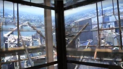 As visitors near the top of the building, the simulation shows the construction of the building around them. (NY Times)