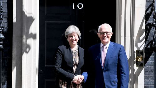 Theresa May and Malcolm Turnbull outside 10 Downing Street. (AAP)