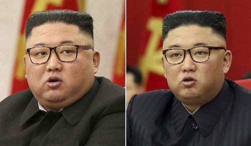 This combination of file photos provided by the North Korean government, shows North Korean leader Kim Jong-un on February 8, 2021, left, and June 15, 2021.