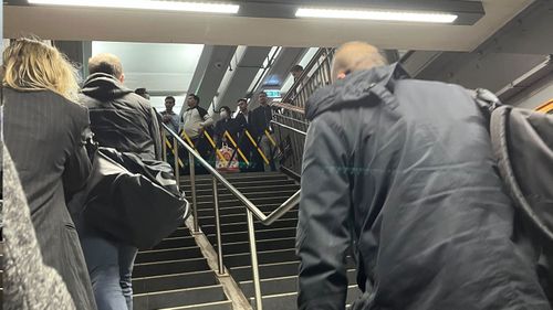 Barricades to platform two at Town Hall Station amid transport chaos on Tuesday August 23.