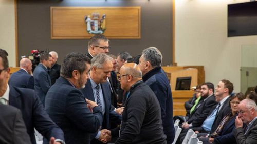 A mihi whakatau is held at Whakatāne District Court District Court prior to the start of hearings where 10 organisations and the three individuals were charged over the Whakaari/White Island eruption.