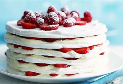Strawberries and cream meringue cake