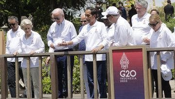 From left, World Health Organisation (WHO) Director-General Tedros Adhanom Ghebreyesus, European Commission President Ursula von der Leyen, US President Joe Biden, Indonesian President Joko Widodo, Australian Prime Minister Anthony Albanese, OECD Secretary-General Mathias Cormann and Italian Prime Minister Giorgia Meloni attend a mangrove planting event at the G20 in Bali.