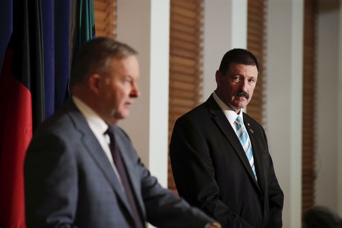 Opposition Leader Anthony Albanese and Labor MP Mike Kelly during a press conference announcing Mike Kelly's resignation from federal politics, at Parliament House in Canberra on Thursday 30 April 2020. 