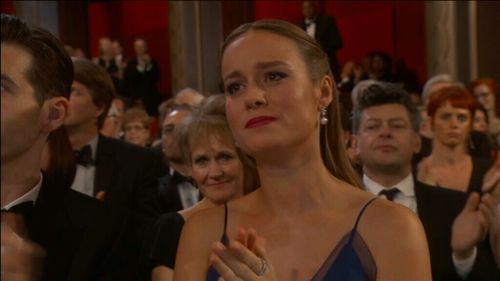 Brie Larson applauds Gaga's performance.