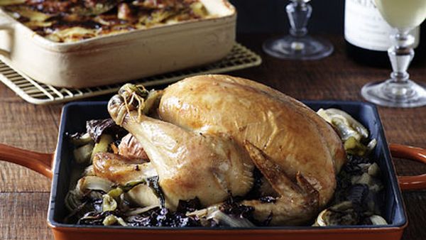 Chicken roasted with fennel, radicchio and cider with dauphinoise potatoes