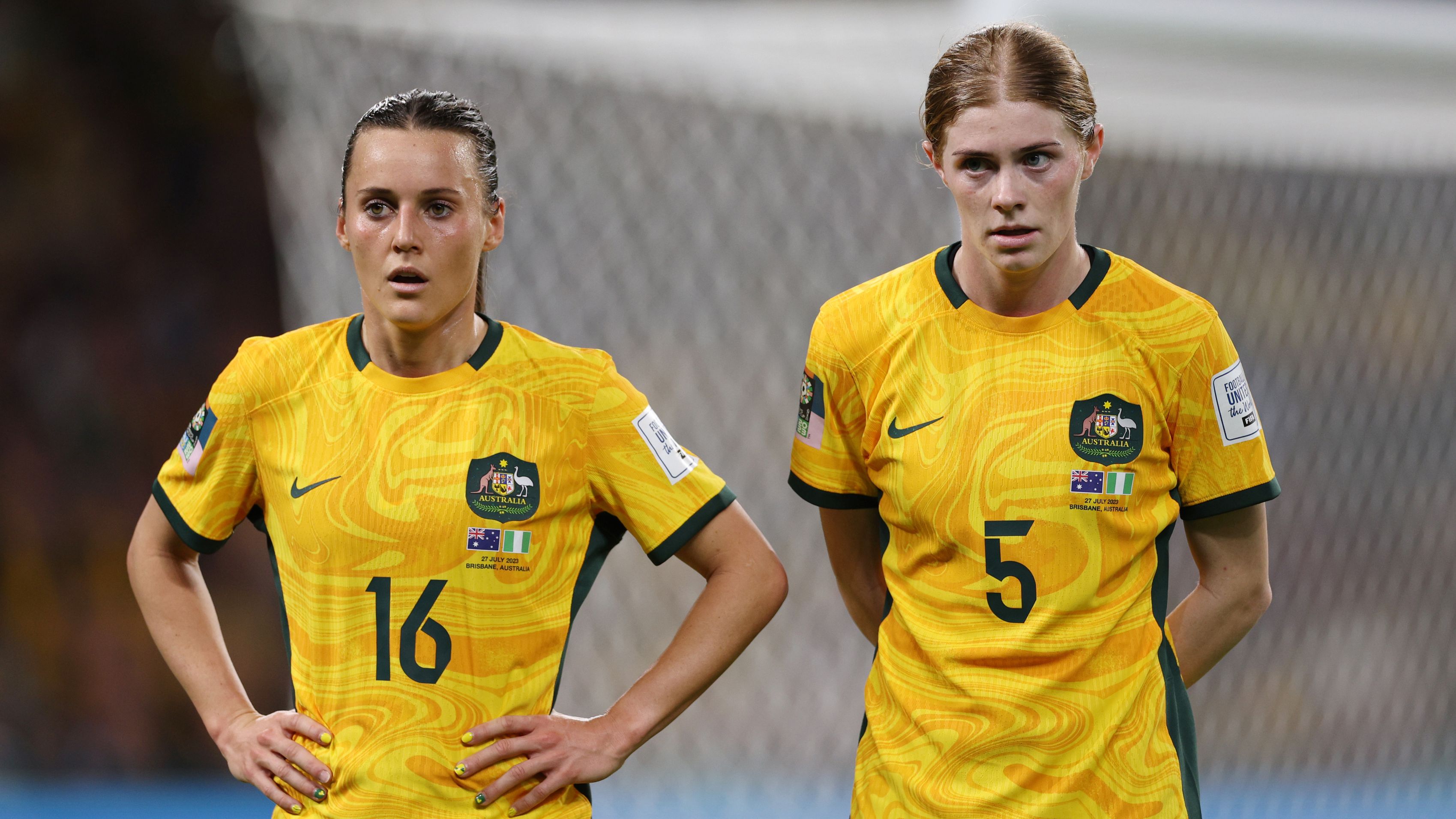 BRISBANE, AUSTRALIA - JULY 27: Hayley Raso and Cortnee Vine of Australia are seen during the FIFA Women&#x27;s World Cup Australia &amp; New Zealand 2023 Group B match between Australia and Nigeria at Brisbane Stadium on July 27, 2023 in Brisbane / Meaanjin, Australia. (Photo by Elsa - FIFA/FIFA via Getty Images)