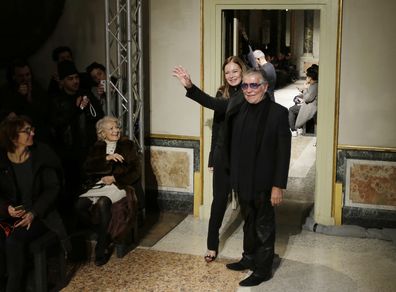 Roberto Cavalli and his wife Eva Duringer after presenting the Roberto Cavalli men's Fall-Winter 2015-2016 collection in Milan, Italy on Jan. 20, 2015. 