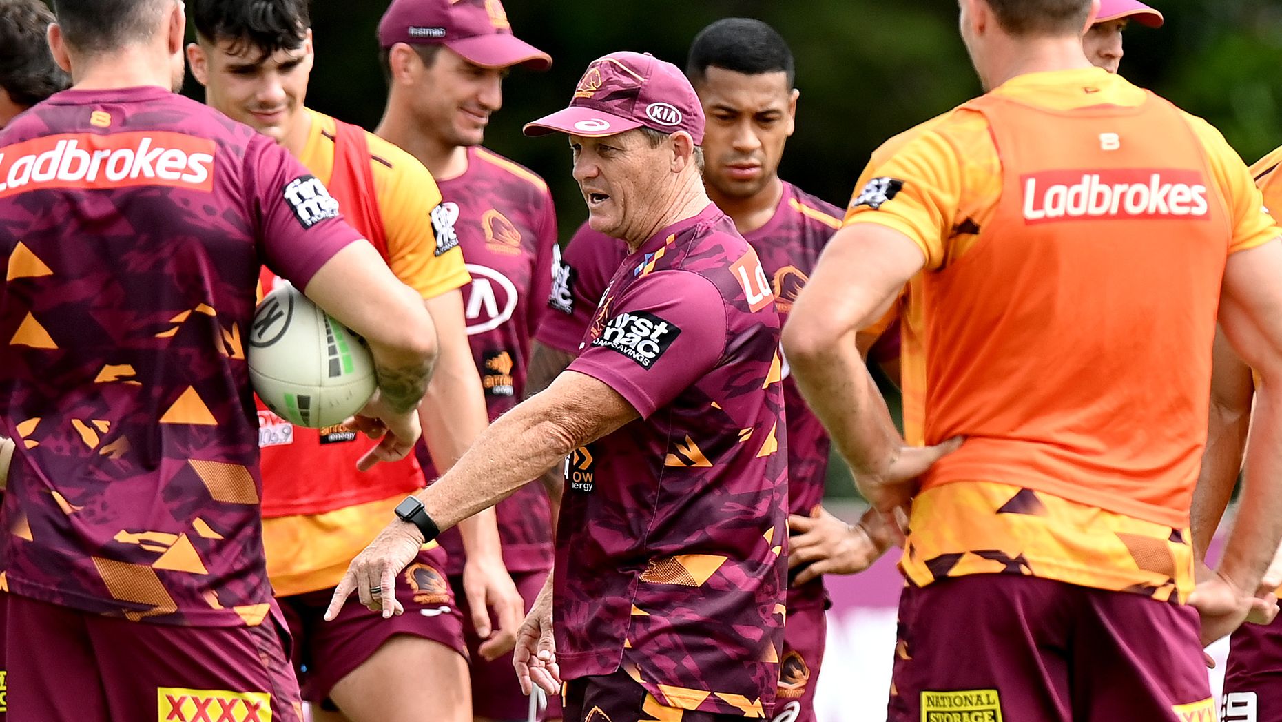 Coach Kevin Walters instructs the players during a Brisbane Broncos NRL training session.