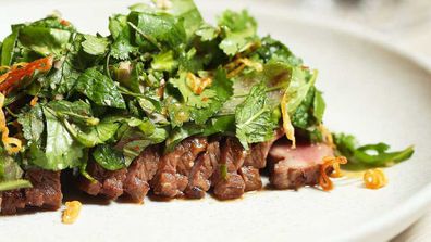 Thi Le's lamb backstrap with jungle mix and smoked rice powder recipe