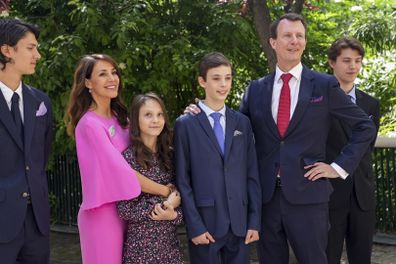 From left, Denmark's Princess Isabella, Prince Vincent, Crown Prince Frederik, Prince Christian, Crown Princess Mary and Princess Josephine arrive for Count Henrik's confirmation in Frederikskirken, at the Danish Church in Paris, France, Thursday May 18, 2023. 