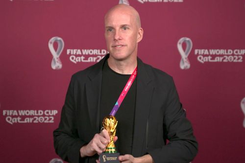 A screenshot taken from video provided by FIFA of journalist Grant Wahl at an awards ceremony in Doha, Qatar in Nov. 2022.