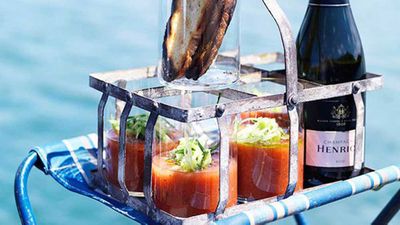 This chilled version of <a href="http://kitchen.nine.com.au/2016/05/16/14/04/grilled-tomato-gazpacho" target="_top">grilled tomato gazpacho</a> is served up in a way that makes it not so far off a Bloody Mary, and we like the style. &nbsp;