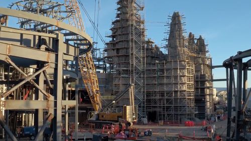 The drone footage shows huge towers being created. (Disney)