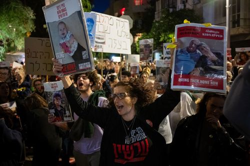 Parents and relatives of children kidnapped on October 7 hold a demonstration in Tel Aviv.