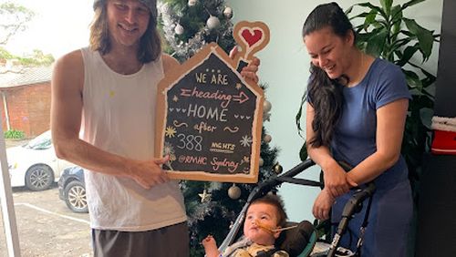 Baby Dominic finally leaving Randwick Children's Hospital in Sydney for the first time in his life.