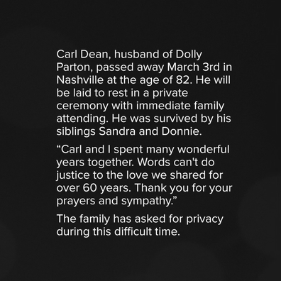 Dolly Parton's Instagram statement confirming death of husband Carl Dean