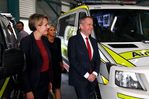 Labor leader Bill Shorten, deputy leader Tanya Plibersek and Longman candidate Susan Lamb on the campaign trail yesterday. Picture: AAP