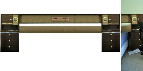 A bedframe with built in radio and lights.