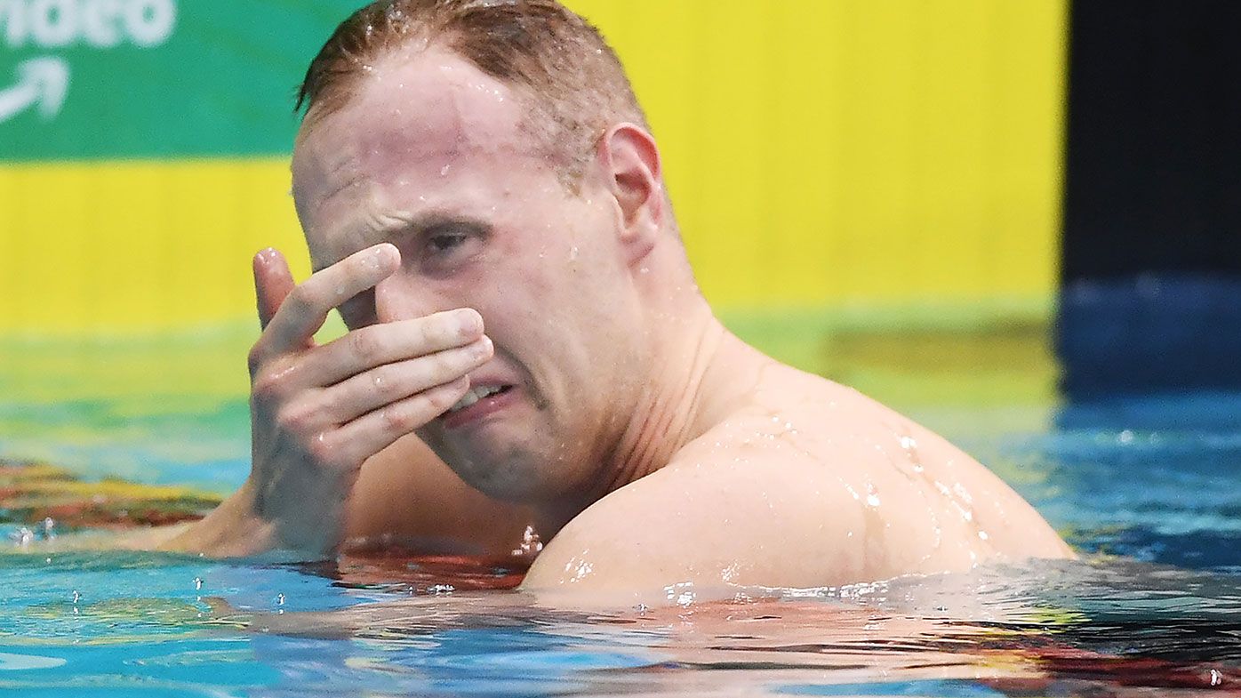 A distraught Matthew Wilson after just missing out on qualifying in the Men&#x27;s 200 metre Breaststroke during the Australian National Olympic Swimming Trials in Adelaide.