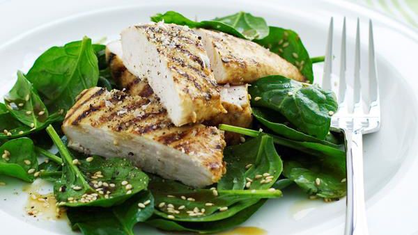Grilled chicken with sesame spinach salad