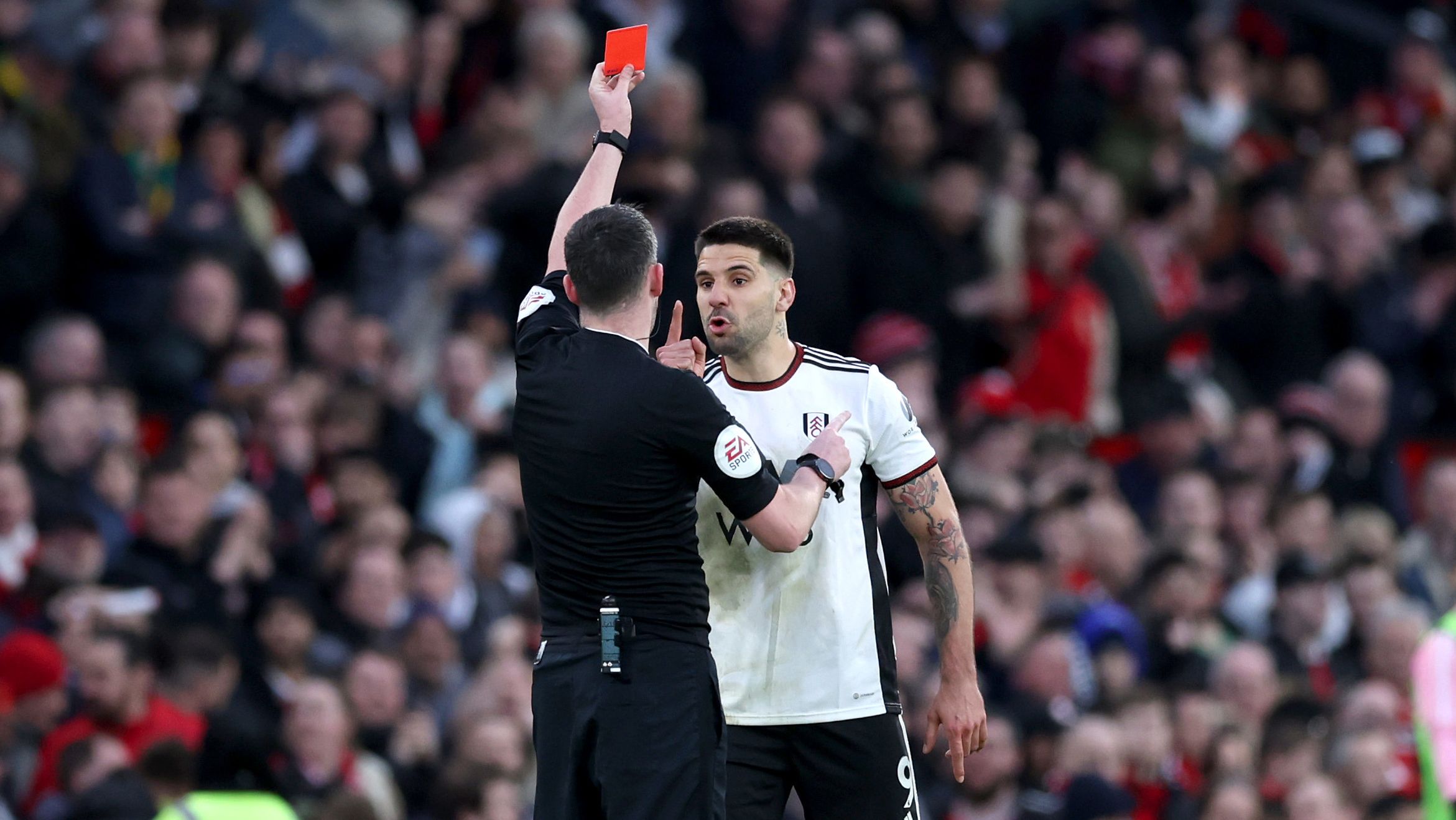 Aleksandar Mitrovic fumes after receiving a red card from referee Chris Kavanagh.