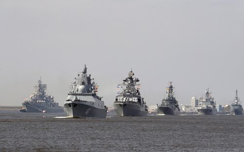 Russian Navy ships in the Gulf of Finland before the Russia Navy Day parade in Kronstadt. (AAP)