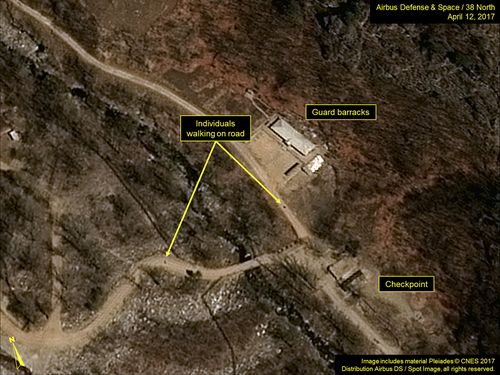 This satellite image released and notated by Airbus Defense &amp; Space and 38 North on Wednesday, April 12, 2017, shows the Punggye-ri nuclear test site in North Korea. (Airbus Defense &amp; Space/38 North/Pleiades CNES/Spot Image via AP)
