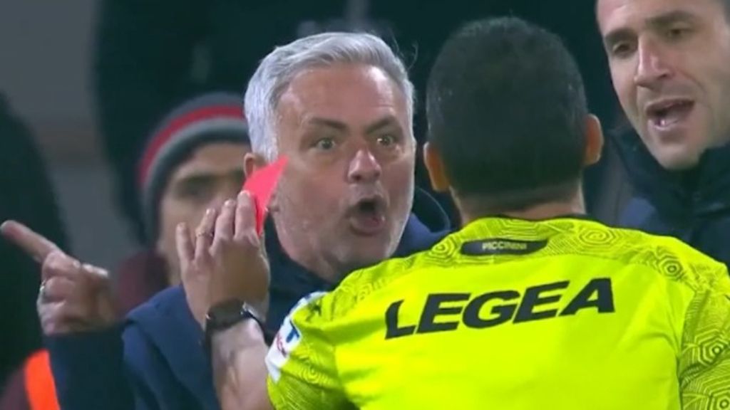 Jose Mourinho in a heated argument with referee Marco Piccinini after he was given a red card against Cremonese.