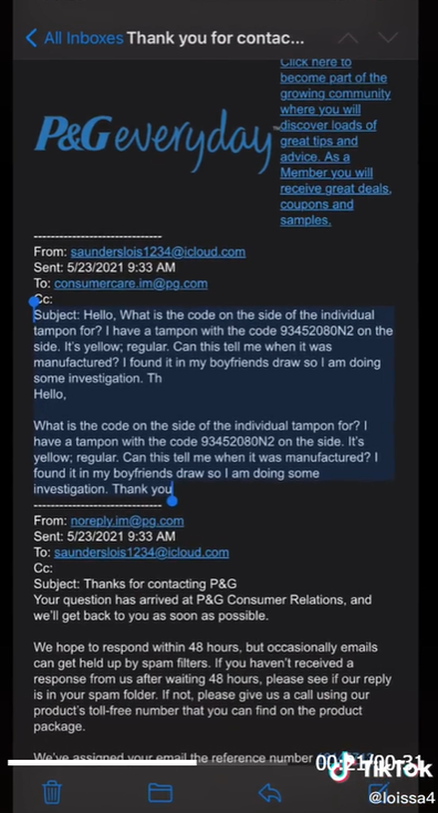 TikToker's email to Tampax asking how to use ID code to see if boyfriend cheated.