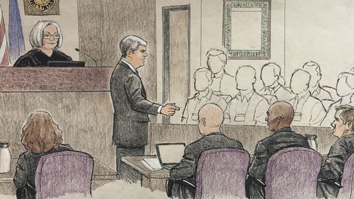 This courtroom sketch depicts the opening argument by Hennepin County prosecutor Patrick Lofton.