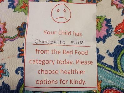 School note that asks a parent not to include chocolate slice in a lunchbox. 