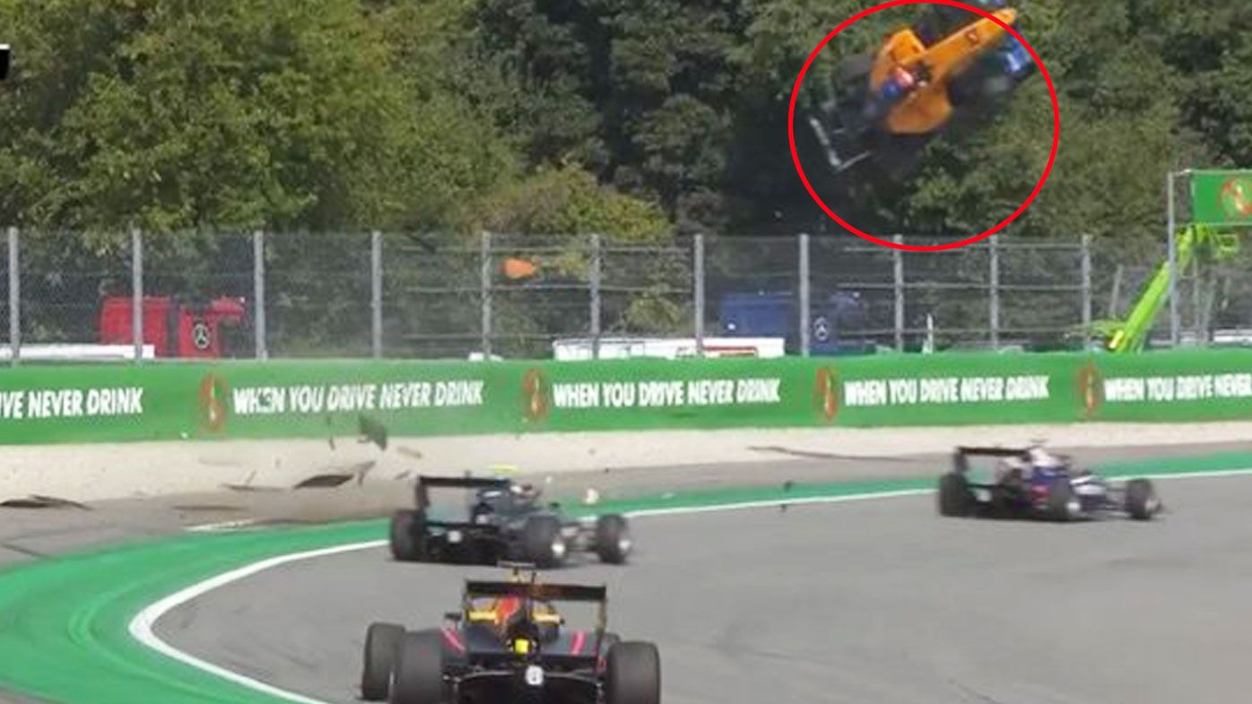 Peroni's car goes flying in an F3 crash