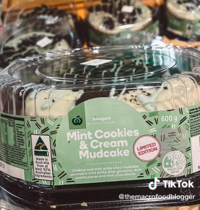 photo of Woolies new limited edition mint cookies and cream mudcake in packaging.