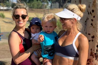 Tiffany and sister with kids working out